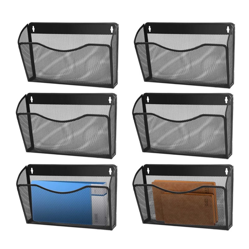 Flexzion Wall Folder File Letter Pocket Holder (6 Pack) Metal Mesh Desk Hanging Basket Box Bin Mail A4 Size Paper Document Organizer, Storage Rack Single Slot Wall Mount for Office School Home - Black - Image 1